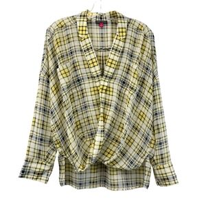 Vince Camuto Yellow Black Plaid Collared Blouse Small